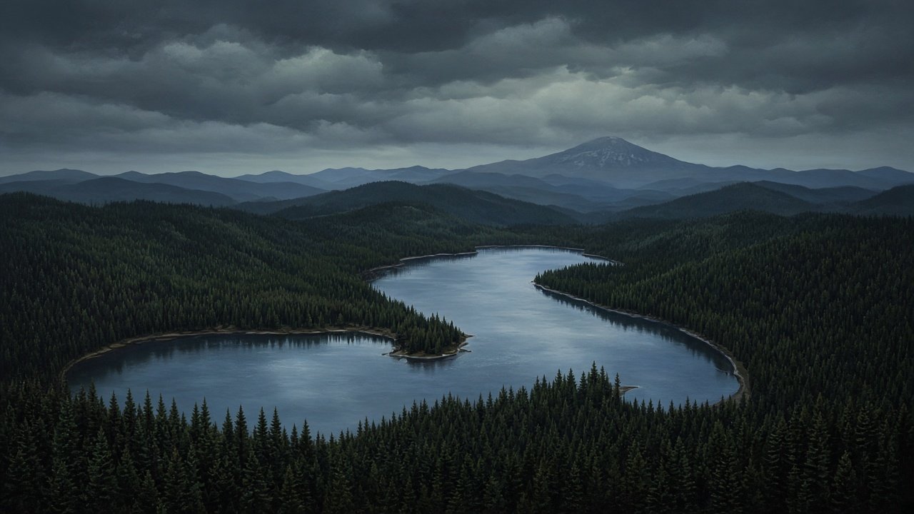 Calm lake water with pines along a North Idaho shore